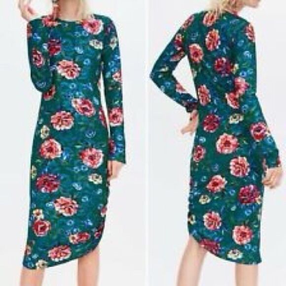 Zara Asymmetrical Floral Dress Bodycon Midi Green Large L - Picture 1 of 10